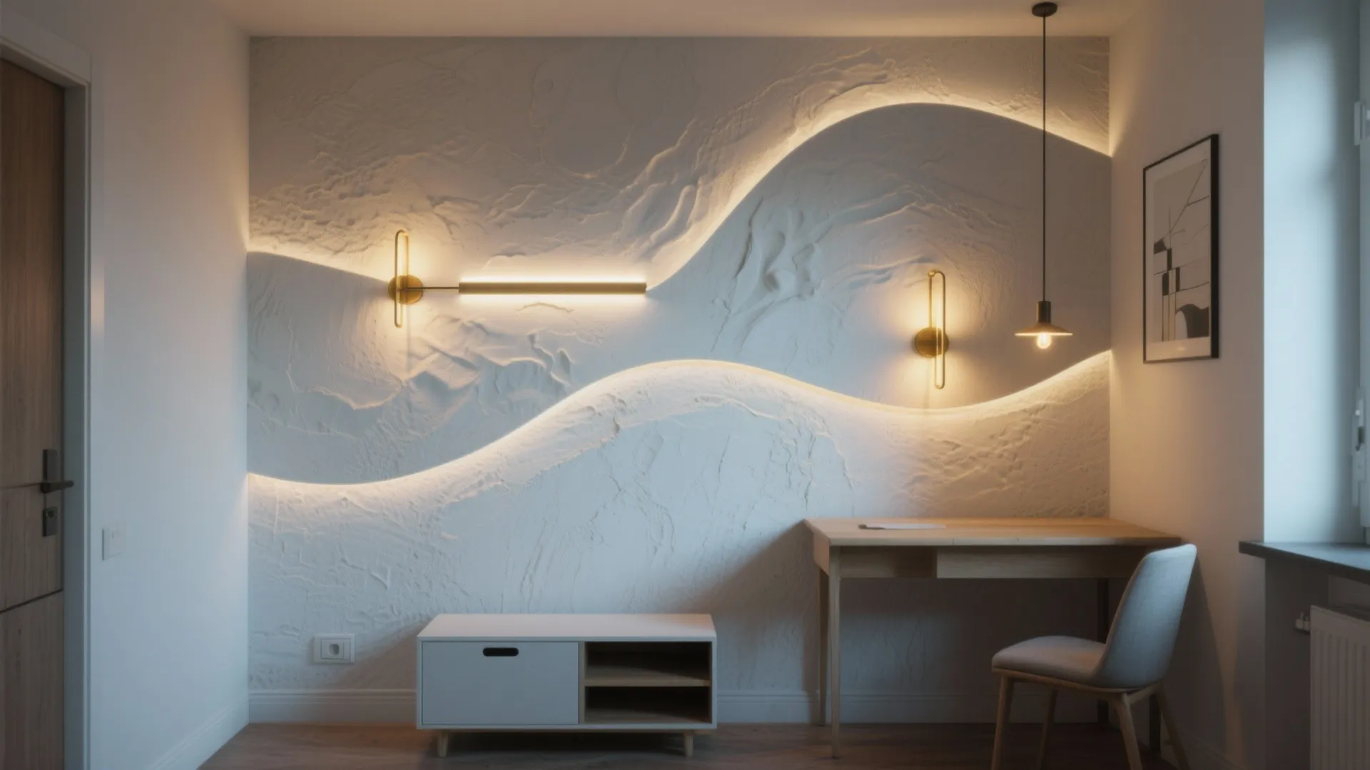 White wall illuminated by a linear LED and sconces creating sculptural shadow patterns in a cozy apartment.