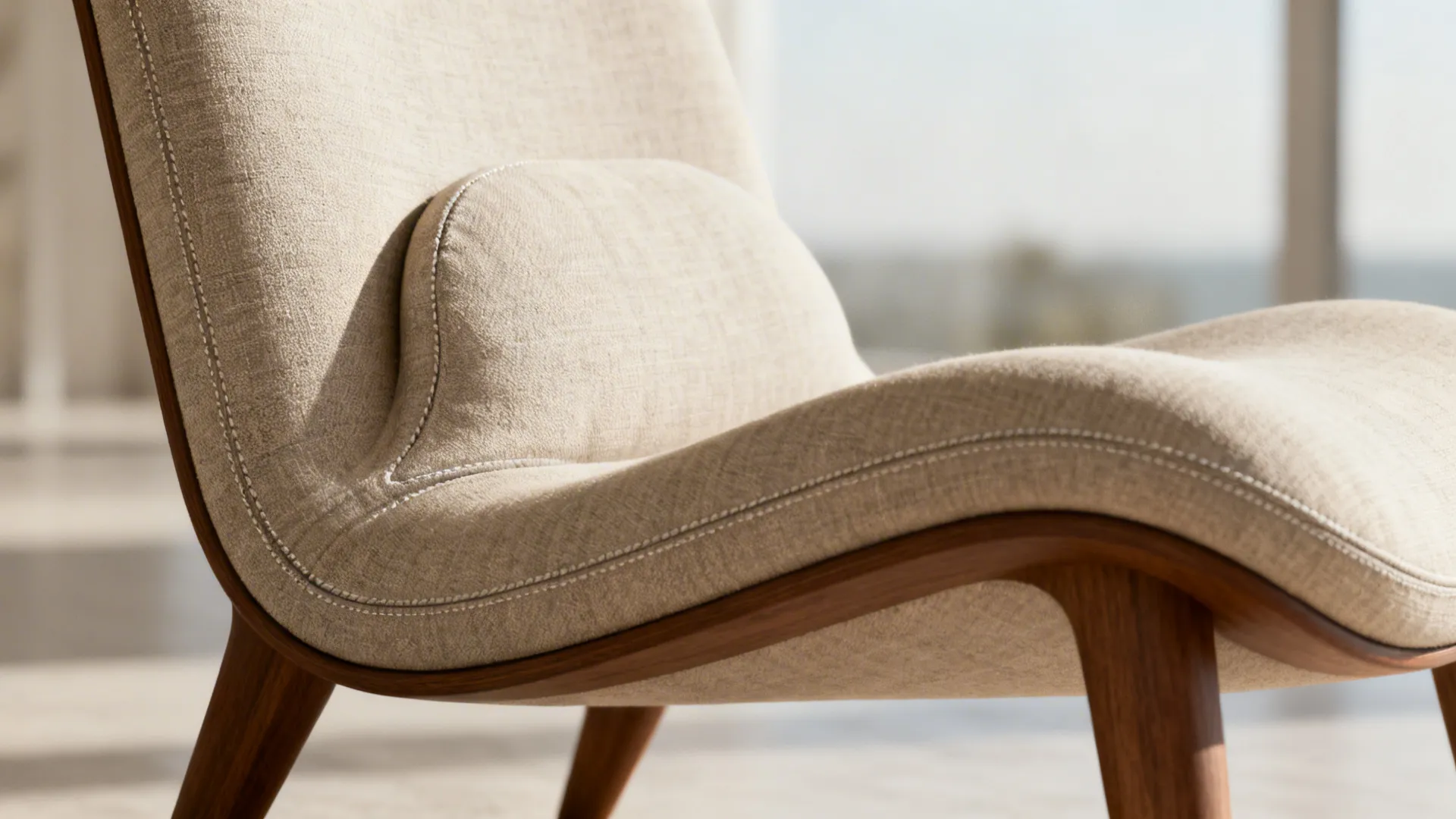 Close-up of a sculpted lounge chair highlighting its built-in lumbar curve and upholstery texture