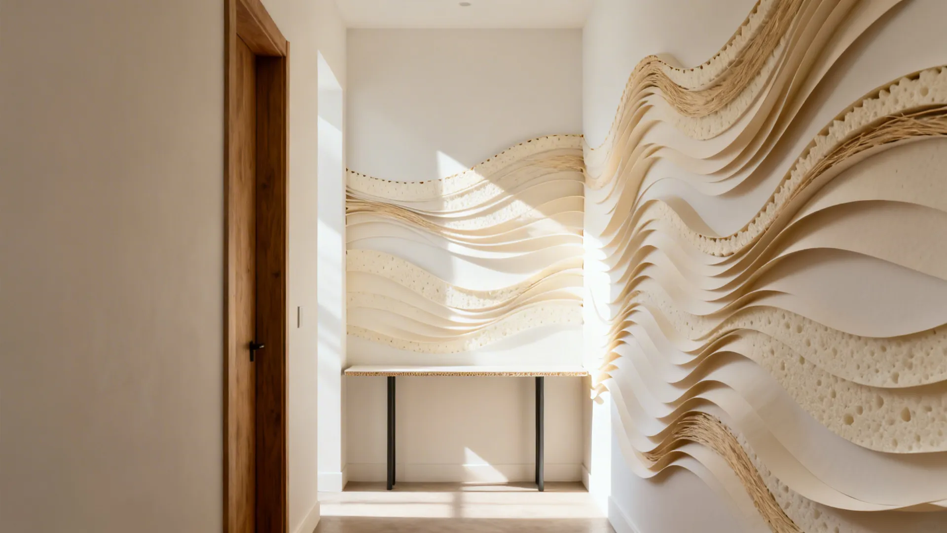 Narrow entry with layered sculpted paper wave mural casting soft shadows.
