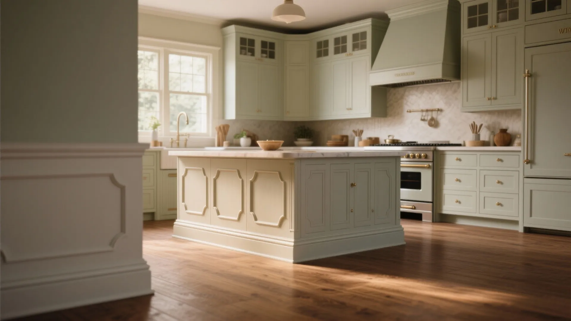 Mint green kitchen design with a large center island wood flooring and white marble countertops