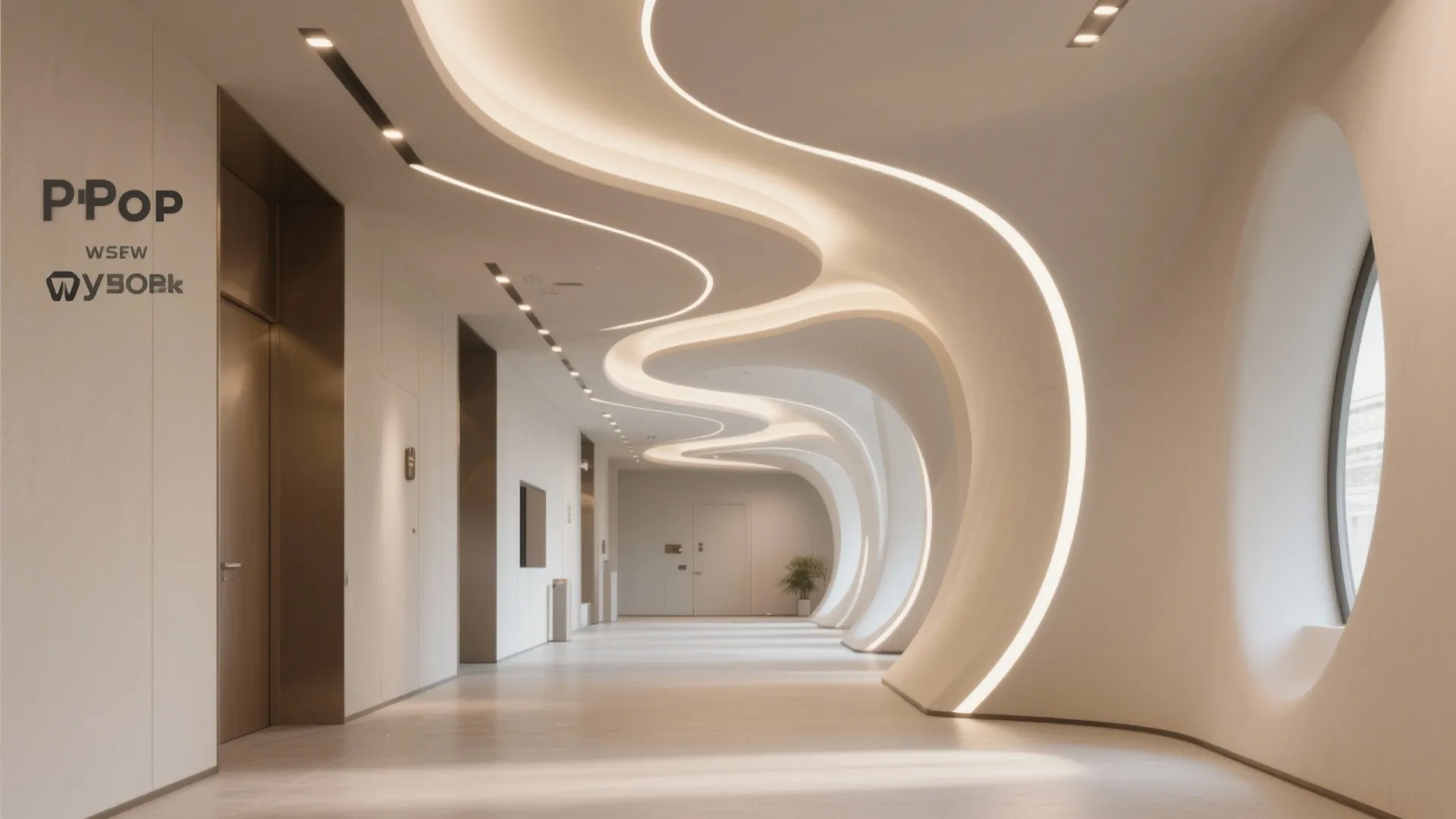 Modern hall with sculpted POP ceiling arcs and aligned low-profile downlights.