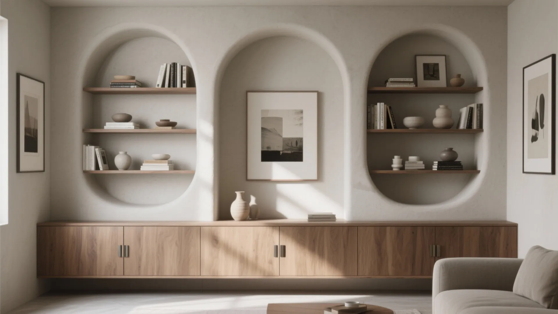 3) Sculpted Storage and Gallery-Like Walls