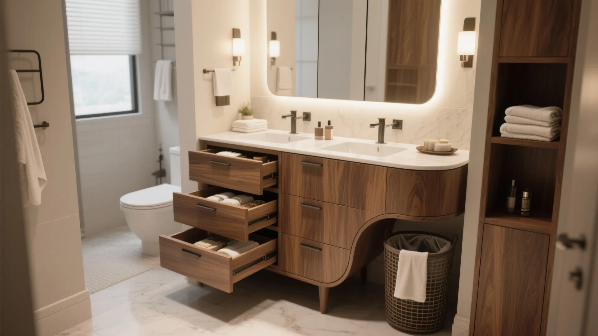 Modern bathroom with a wood cabinet, double sinks, open drawers, glowing mirror, and white toilet