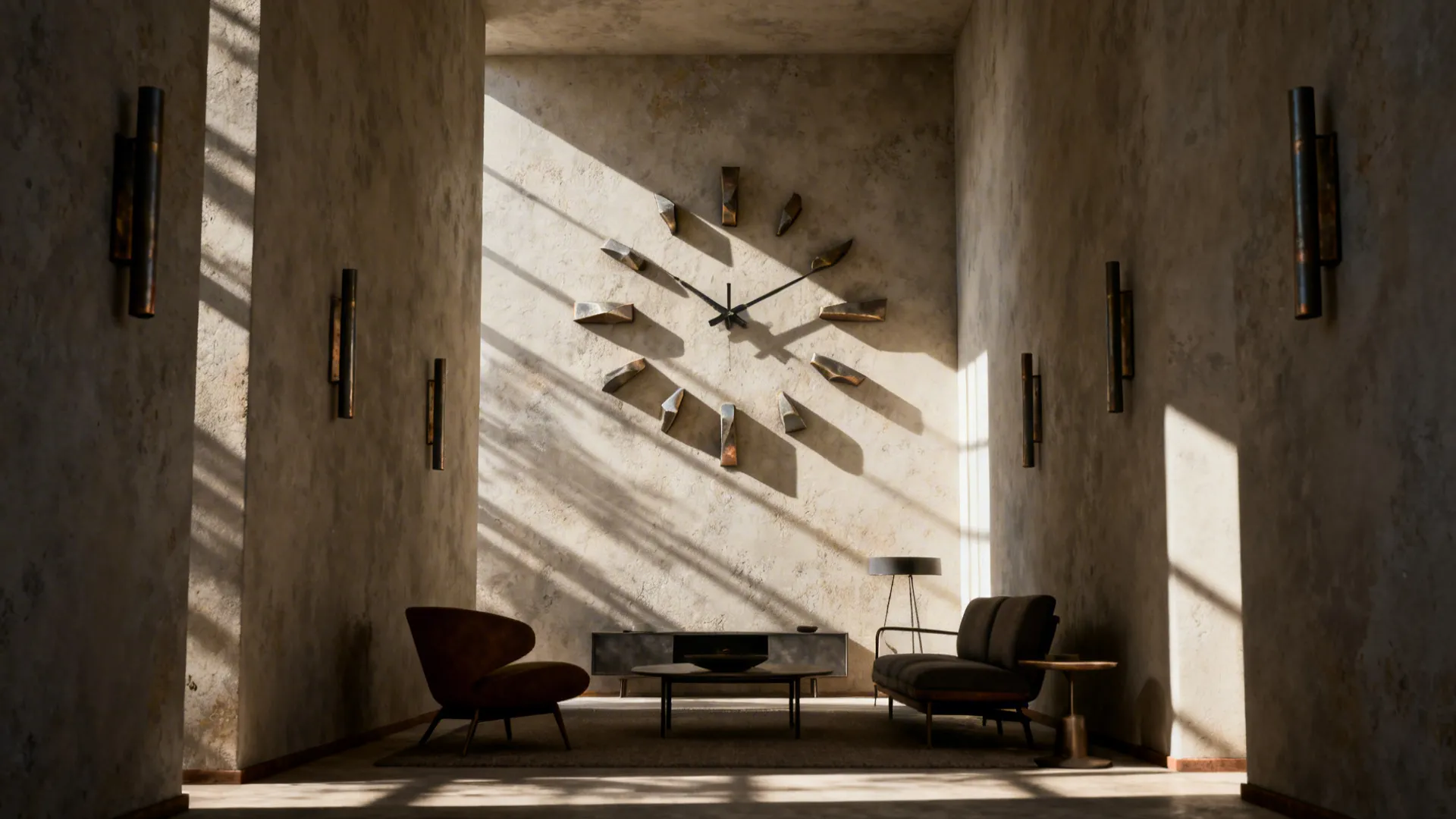 Narrow living room featuring a sculptural 3D wall clock casting artistic shadows.