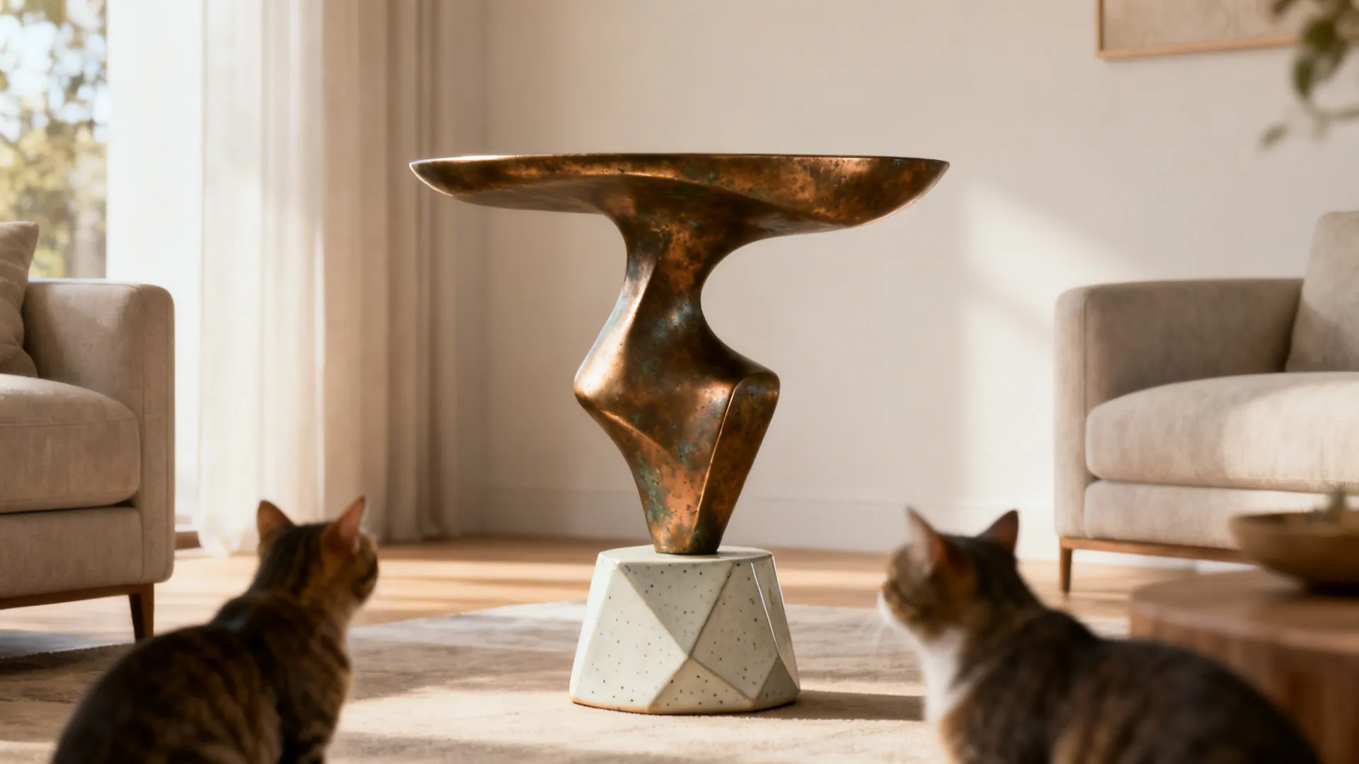 Sculptural bronze accent side table serving as an artistic focal point in a living room.