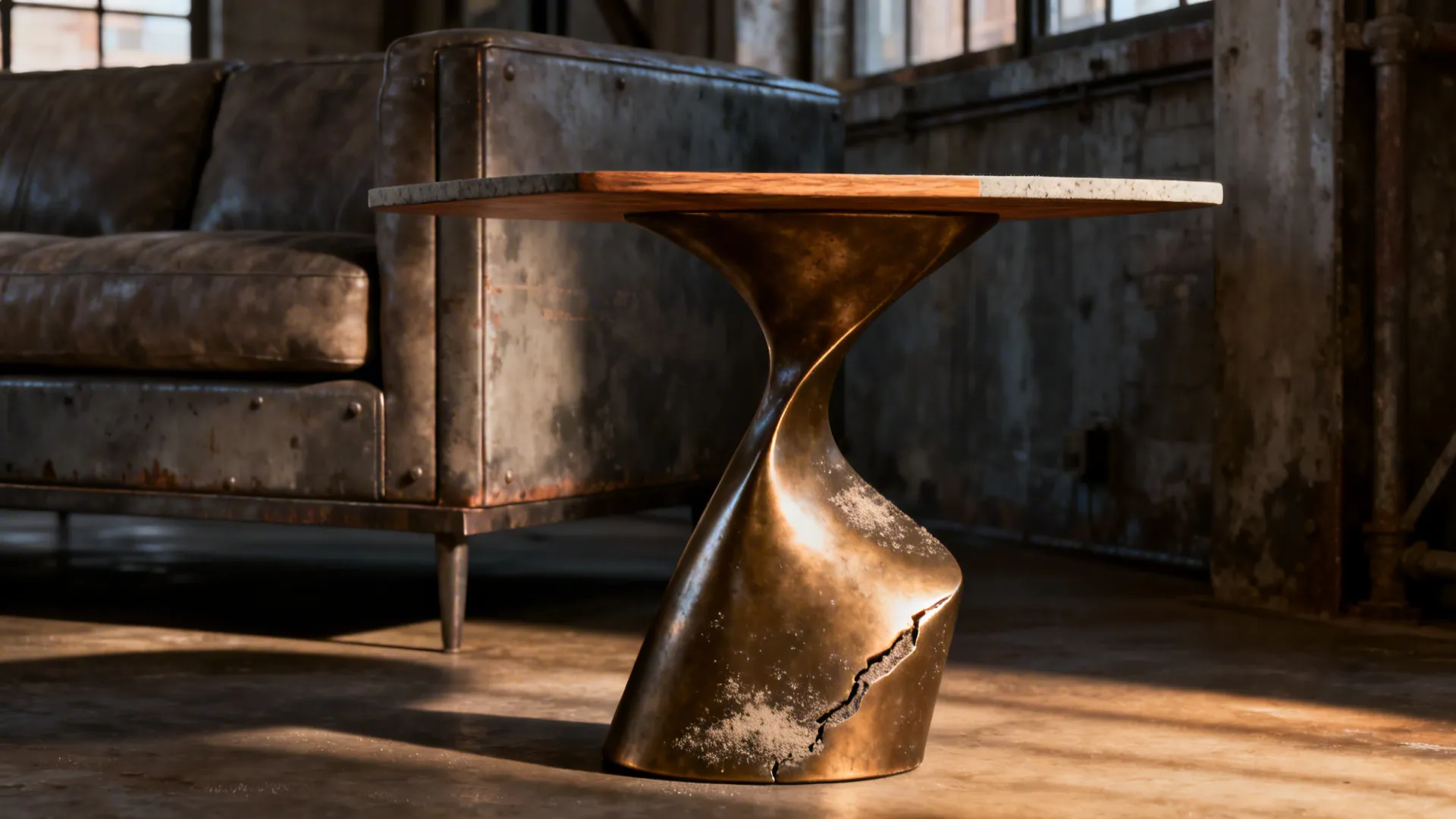 Sculptural bronze accent end table with an asymmetrical base beside an industrial sofa.