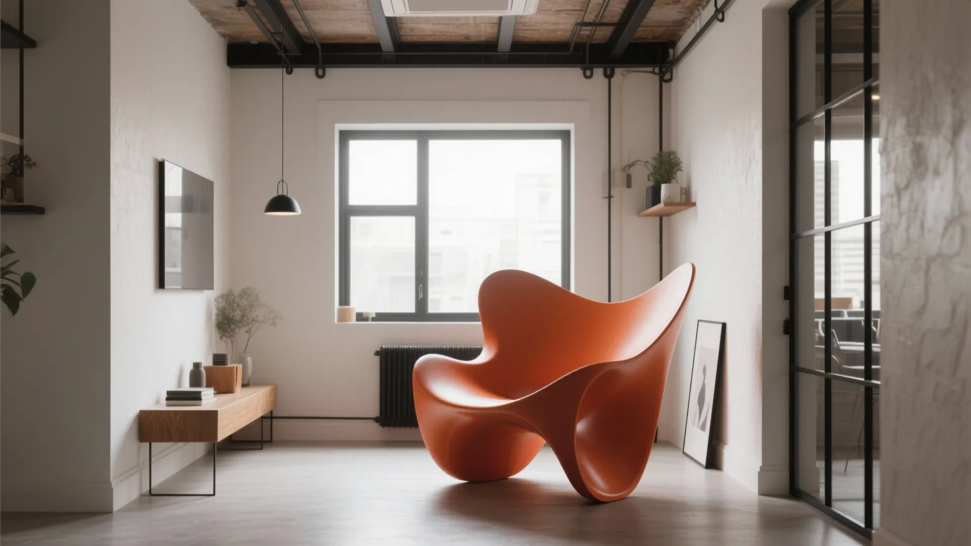 Bold sculptural accent chair in a minimalist loft