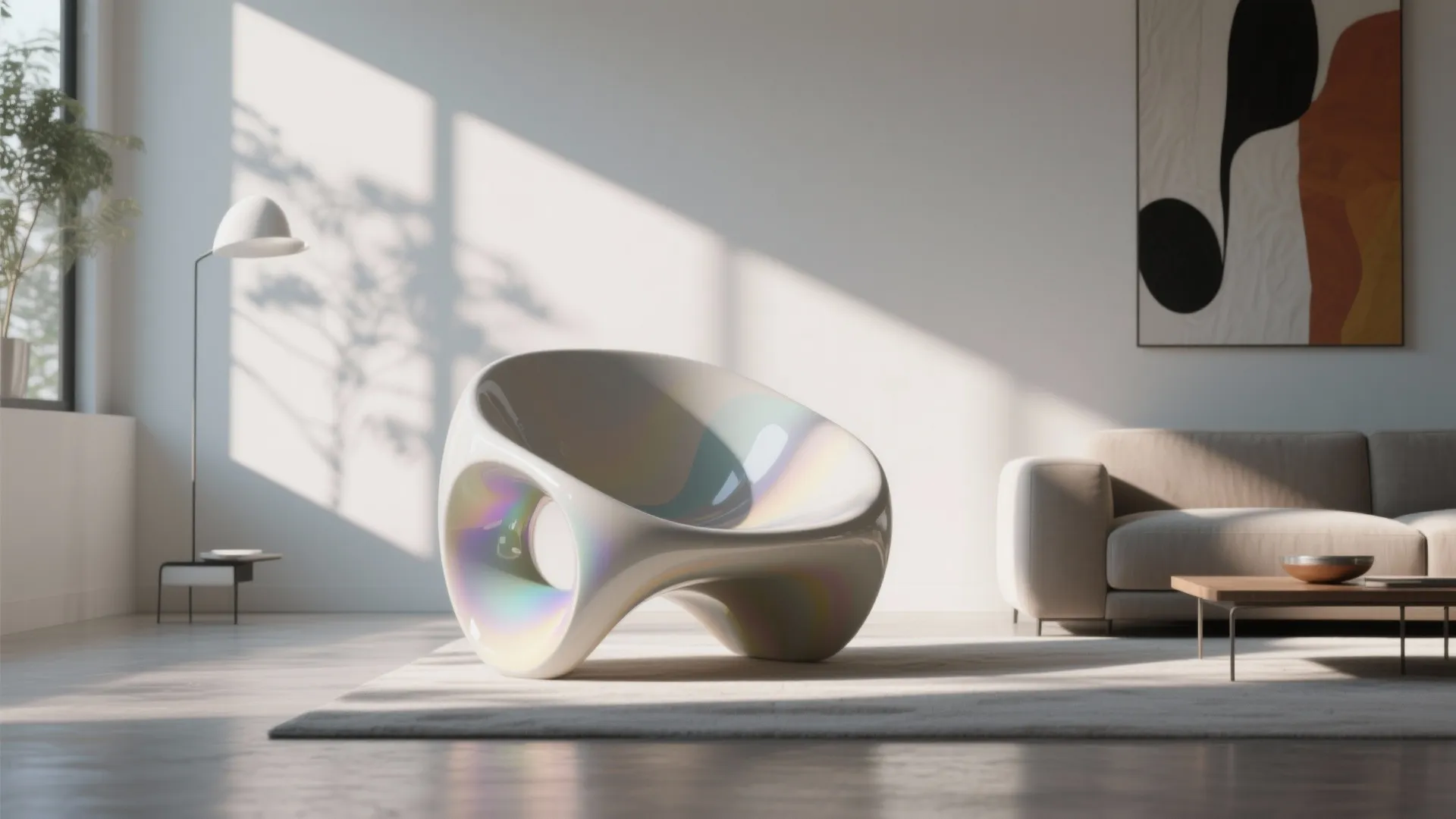 Sculptural fiberglass accent chair in a modern minimalist living room