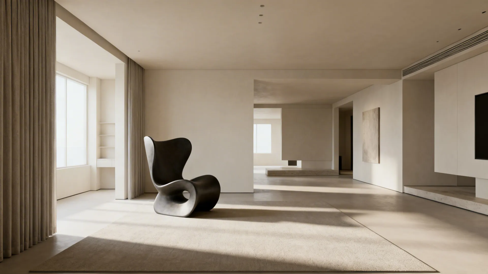 Modern minimalist room with black chair on rug neutral walls and natural sunlight through window