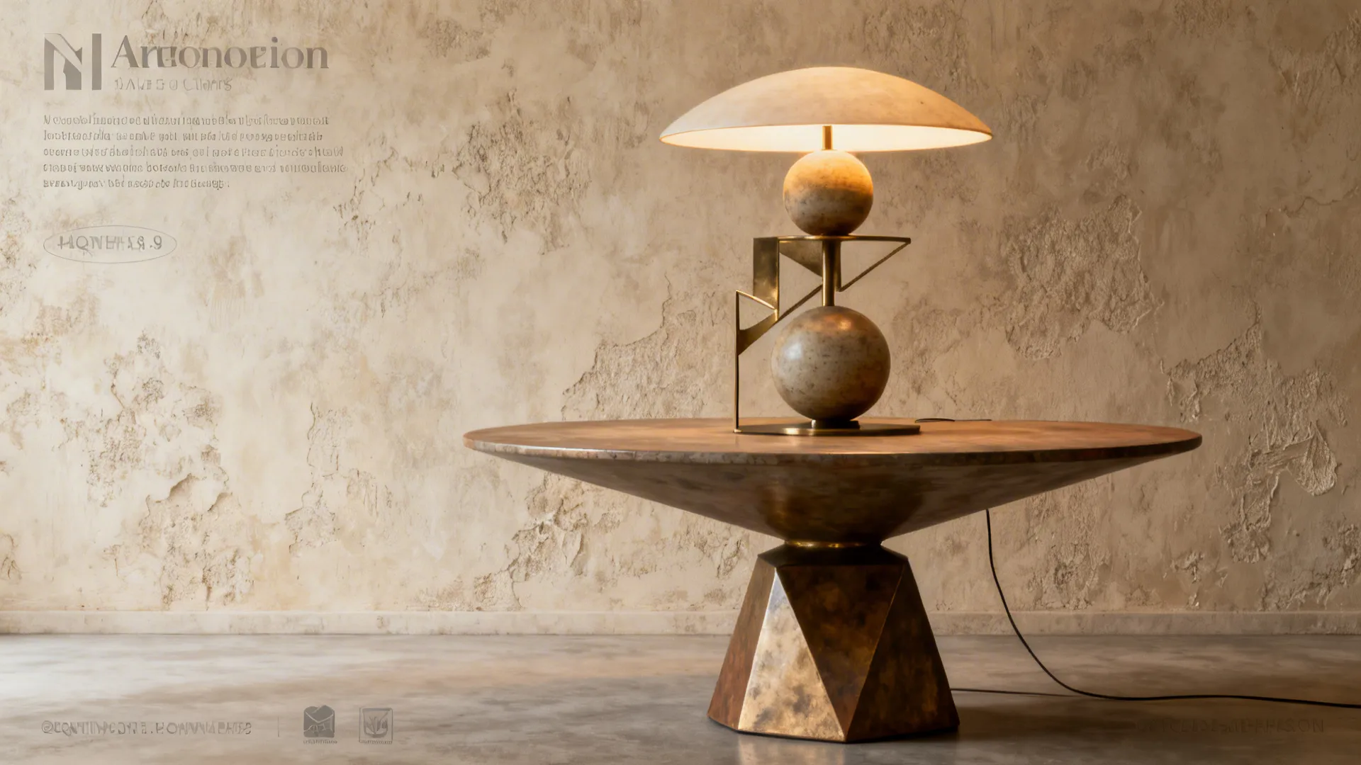 Sculptural geometric accent lamp on a designer end table with warm glowing light.