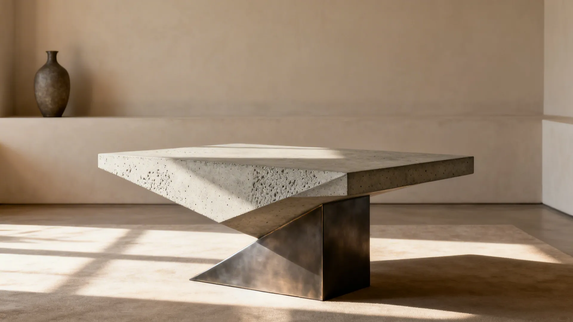 Sculptural accent table with asymmetric metal base and geometric concrete top in a minimalist room.