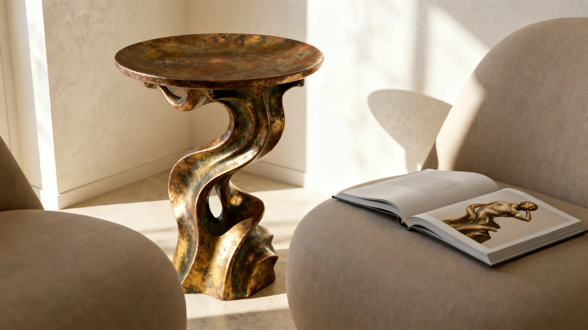 Sculptural bronze metal side table acting as a focal point in a small living room corner.