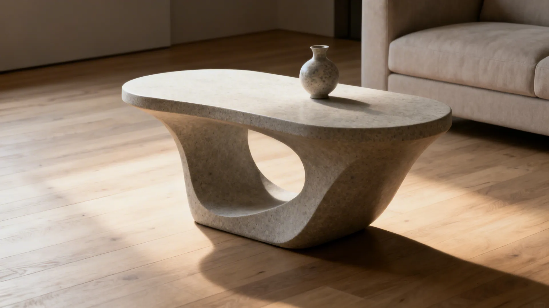 Sculptural stone-finish accent table as a focal point in a minimalist living room.