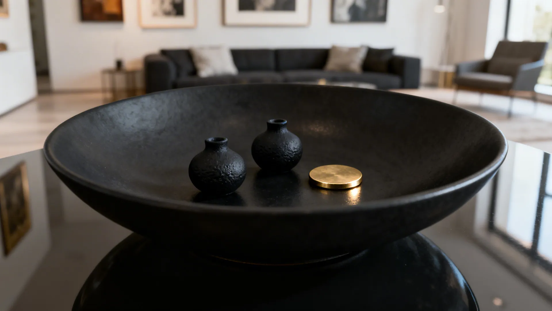 Large black bowl containing two small black vases and one gold disk on glass table