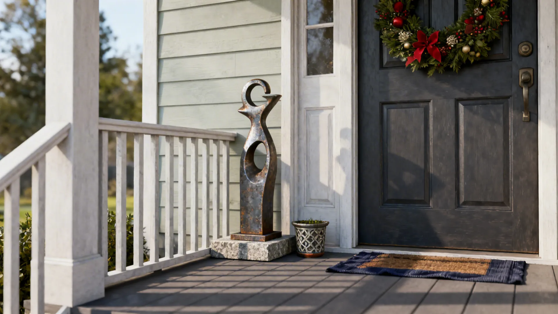 Small porch featuring a sculptural accent and seasonal wreath as focal elements