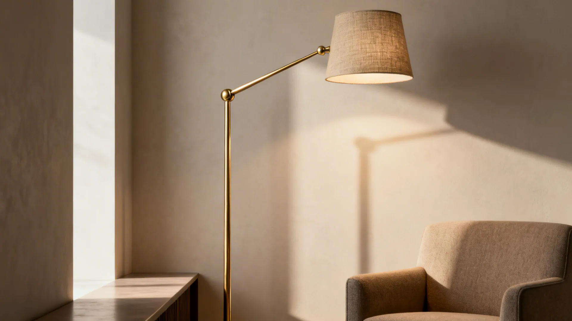 Sculptural arm tall lamp with articulated arm beside a narrow console and armchair
