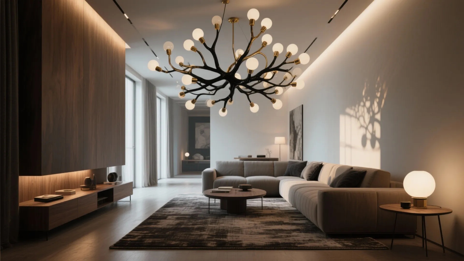 Modern living room with large branch ceiling light grey sofa wood wall panel and rug