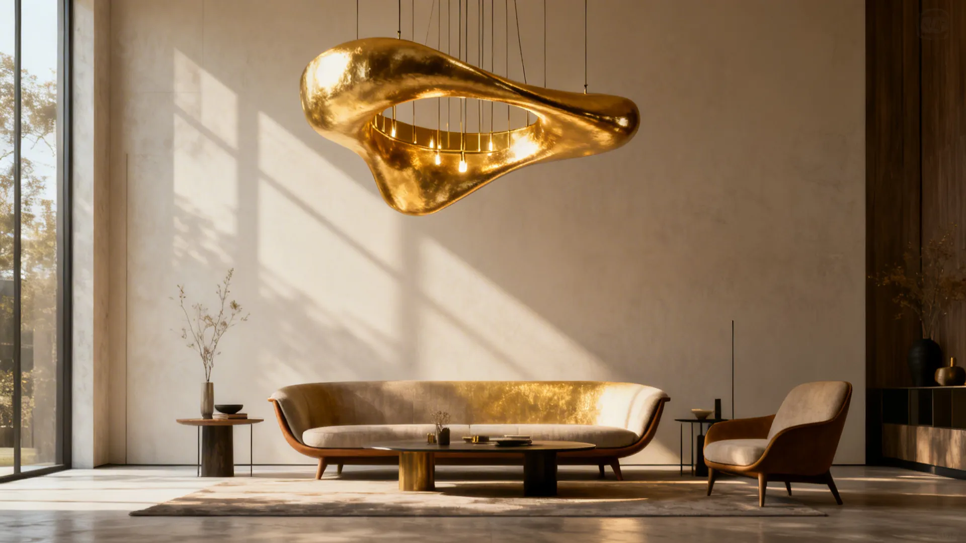 Living room featuring a sculptural asymmetric gold chandelier as the focal art piece above a simple seating area.