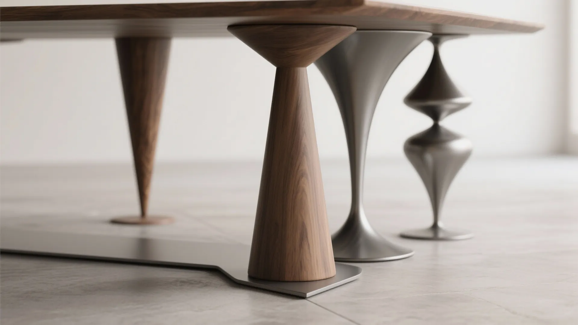 Close-up of sculptural pedestal bases beneath a tabletop showing tapered column and tripod designs.
