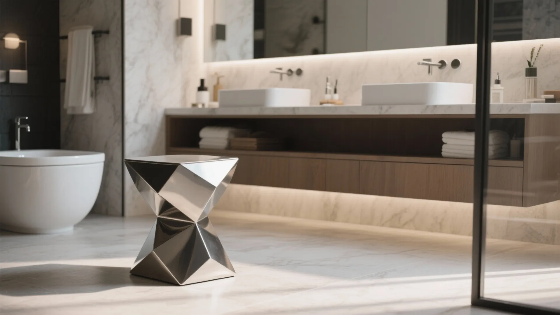 Modern marble bathroom featuring a silver geometric stool with white double sinks and wooden cabinets