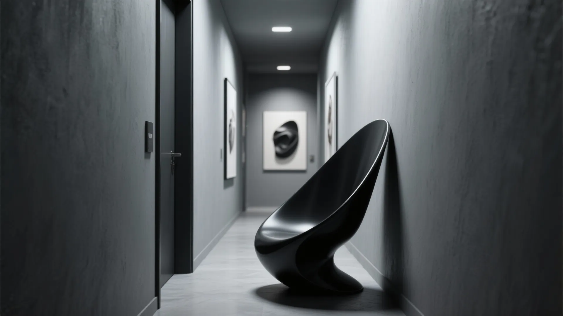 Modern black curved chair in a dark gray hallway with art frames and ceiling lights