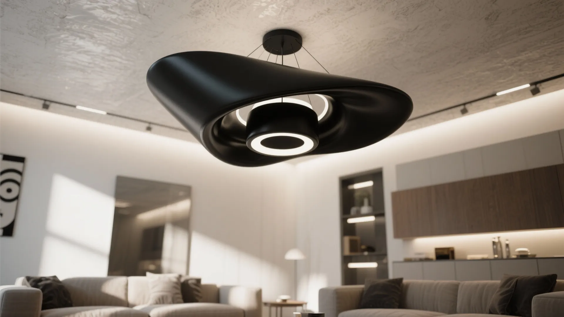 Sculptural matte black ceiling fixture acting as an art piece in a small living room.