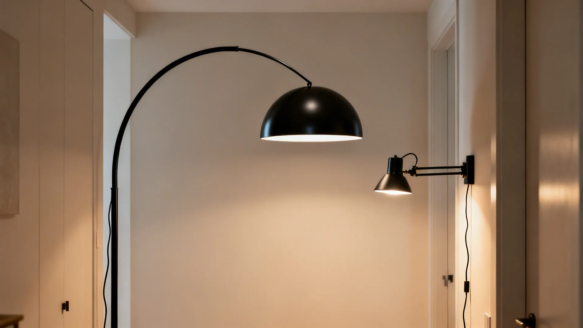 Sculptural matte-black arc floor lamp and swing-arm wall lamp creating layered lighting