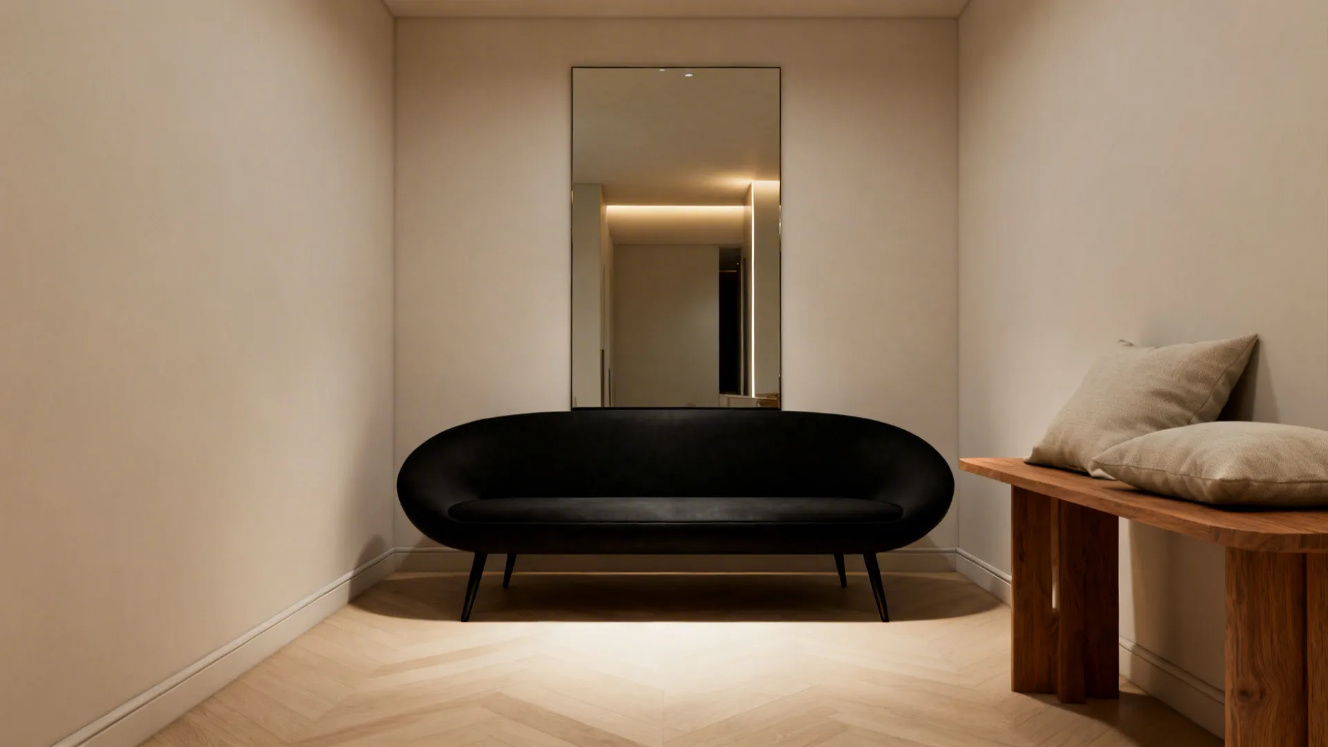 Matte black sculptural sofa with exposed legs against pale walls and light flooring.