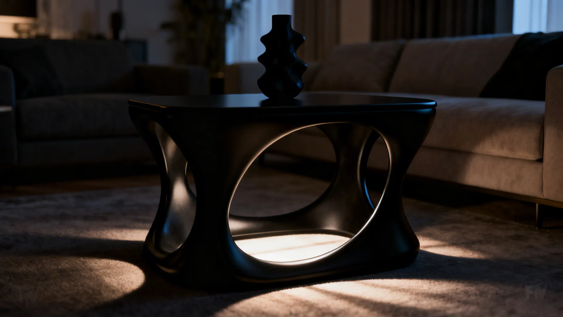 Sculptural black side table with an open base casting soft shadows in a modern living room.