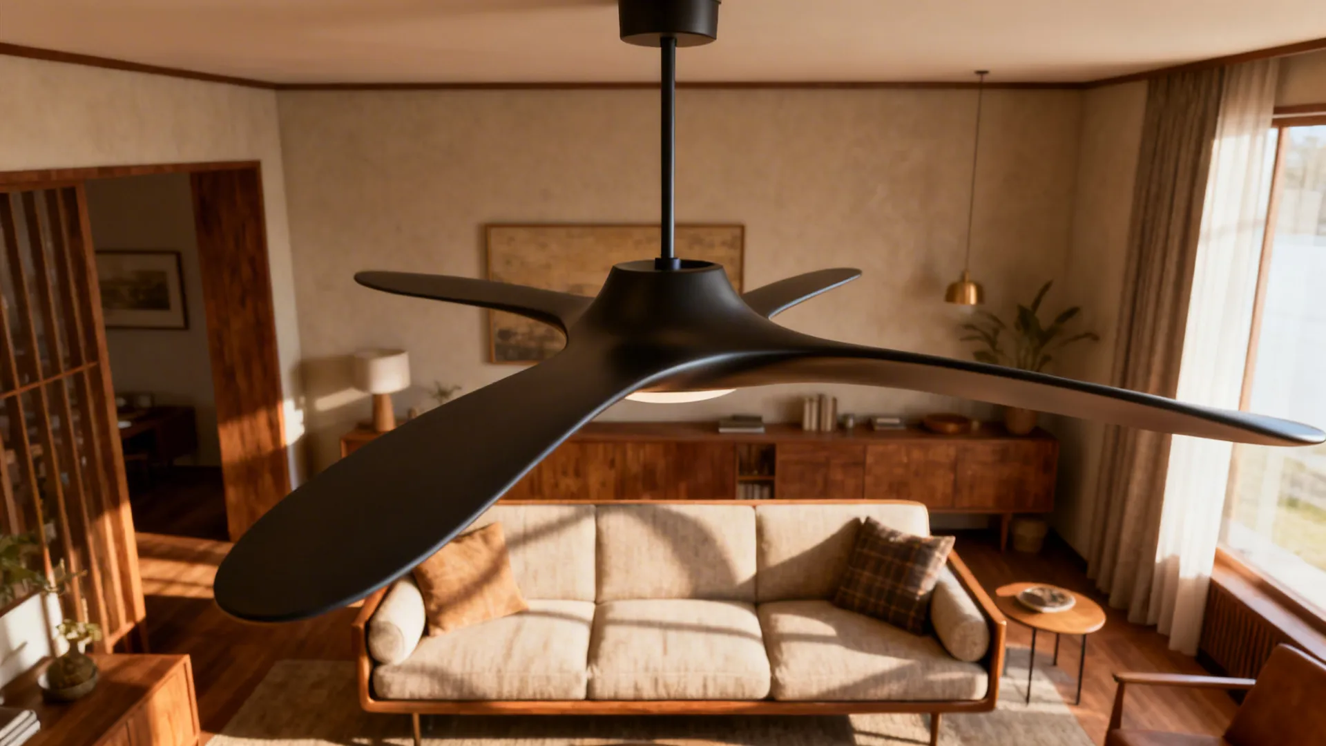 Modern black ceiling fan with three smooth blades hanging above a beige sofa in living room
