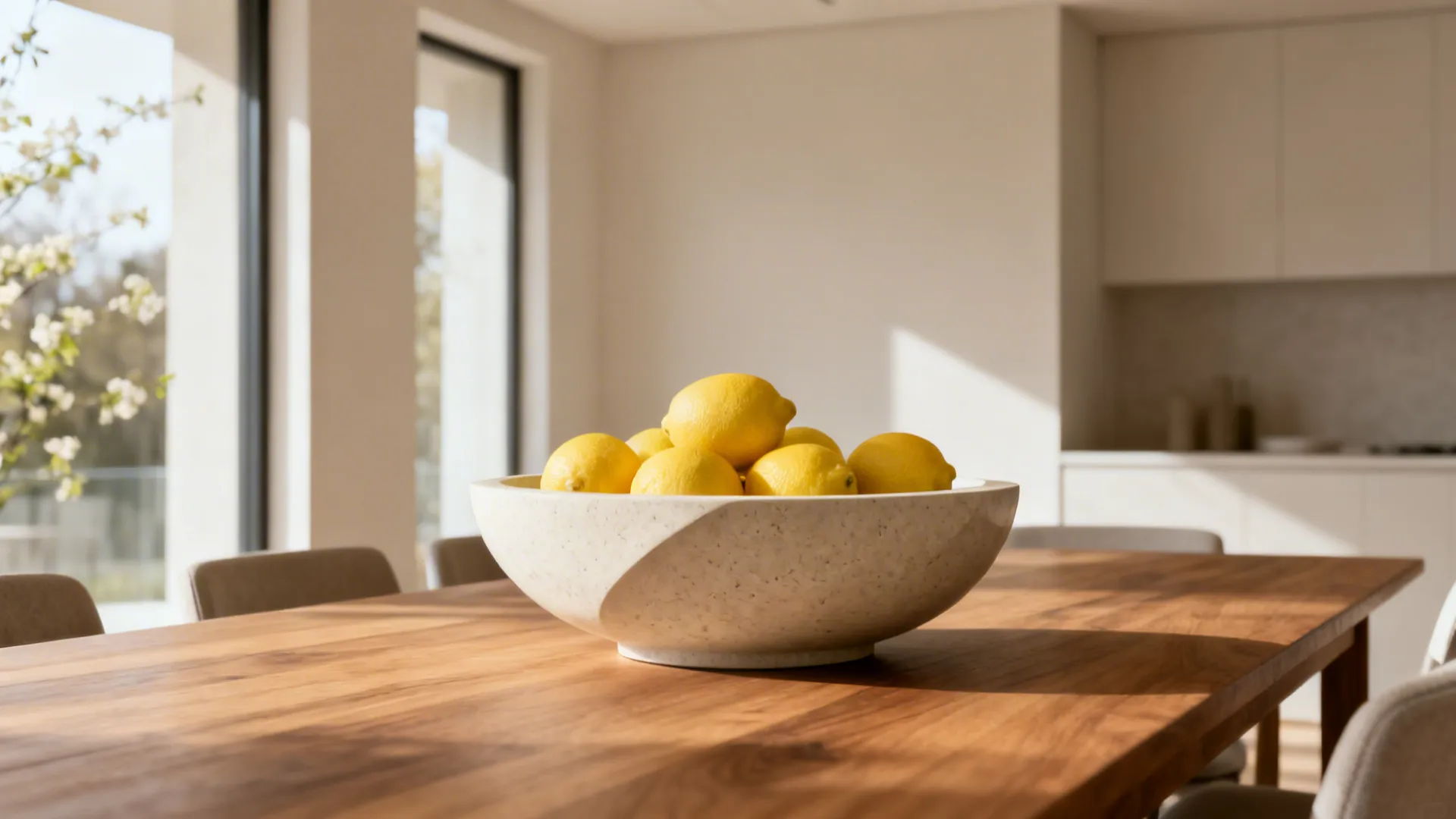 Low sculptural stone-look bowl with lemons centered on a modern dining table.