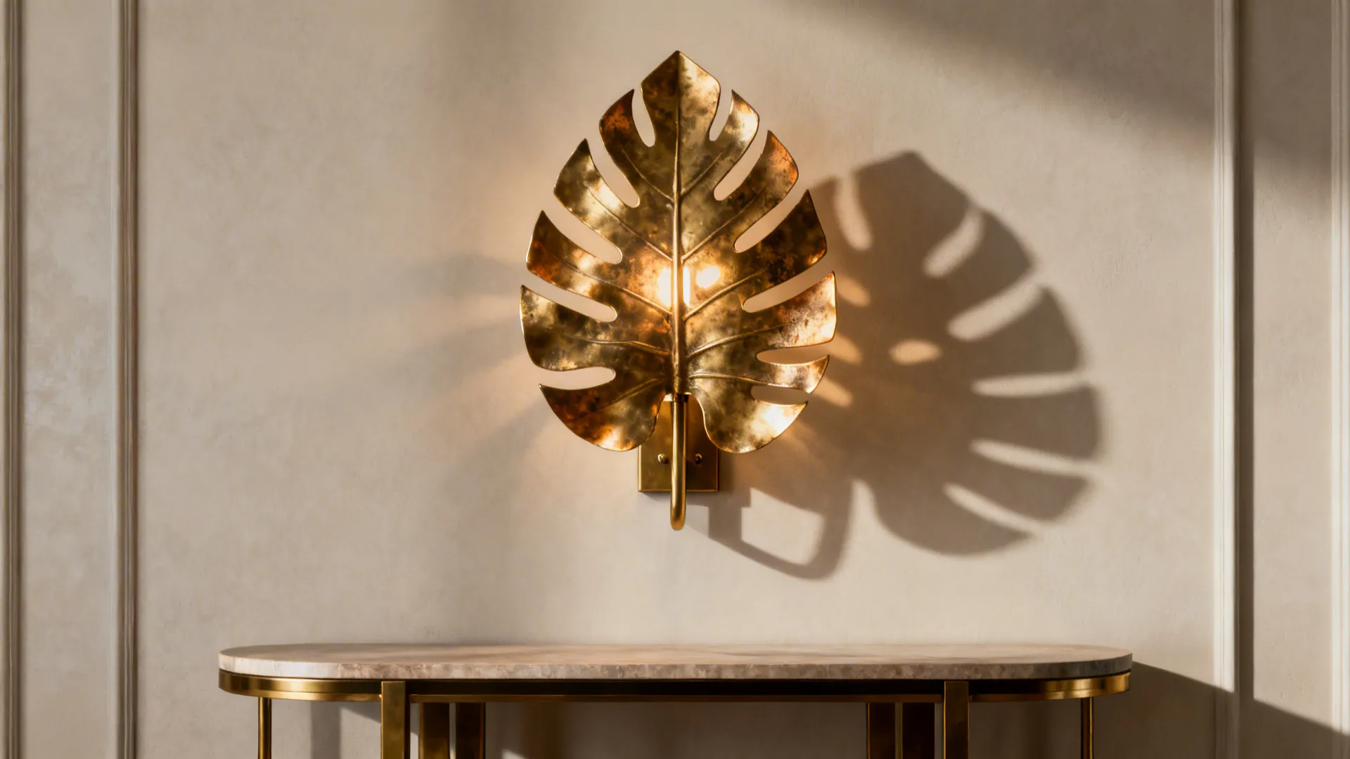 Brass leaf-inspired sculptural sconce above a console, creating decorative shadows and warm highlights.