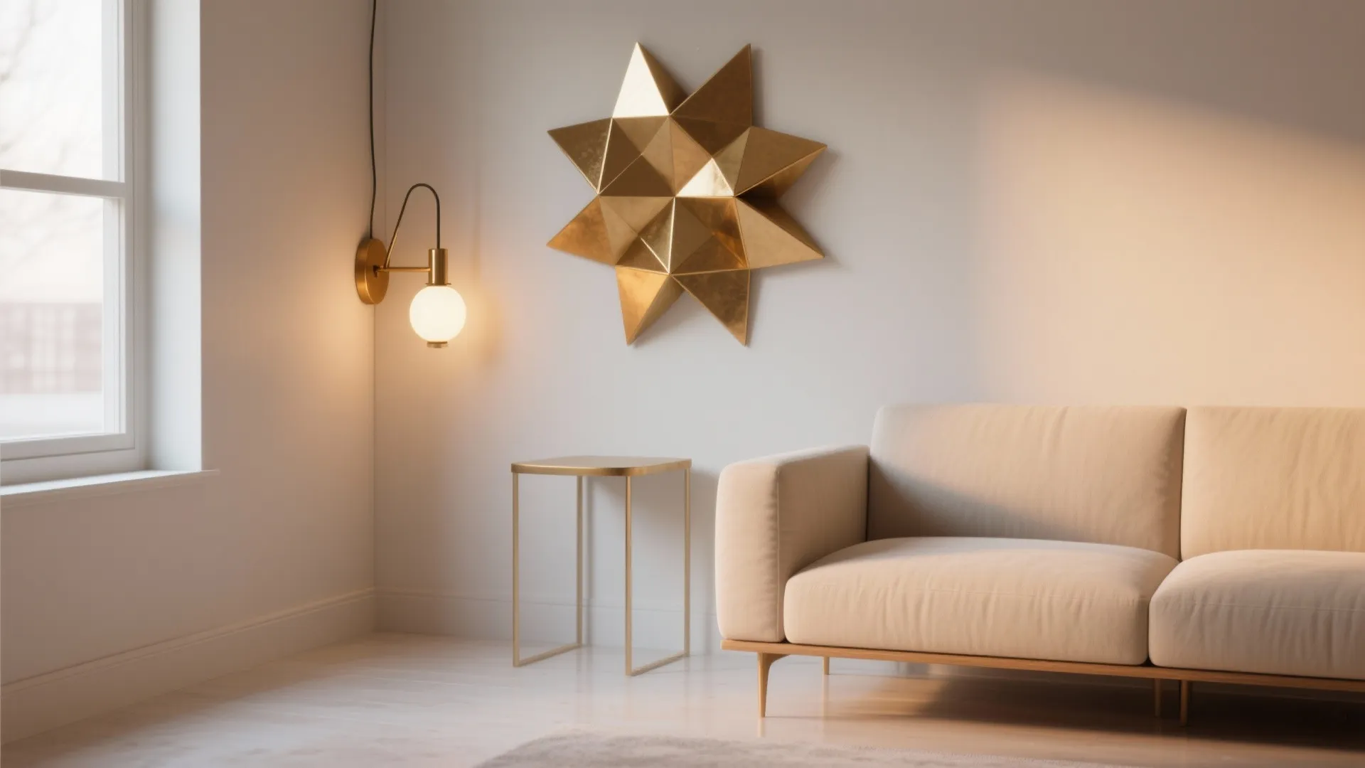 Small living room with a sculptural brass sconce acting as artwork and light source