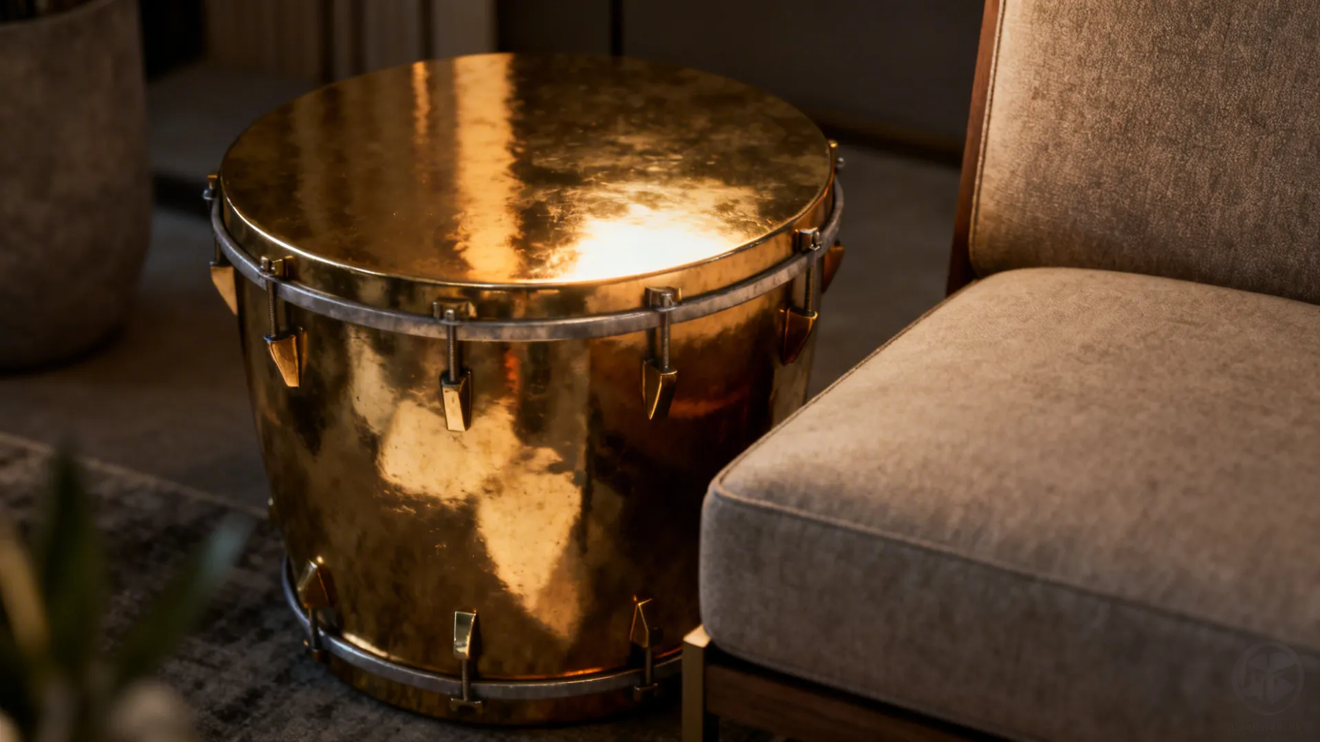 Round gold metal side table shaped like a drum sitting next to a grey chair