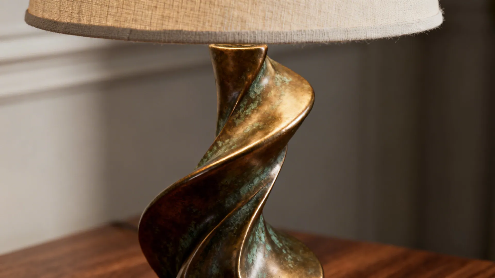 Close-up of sculptural bronze lamp base with organic curves and linen shade edge.