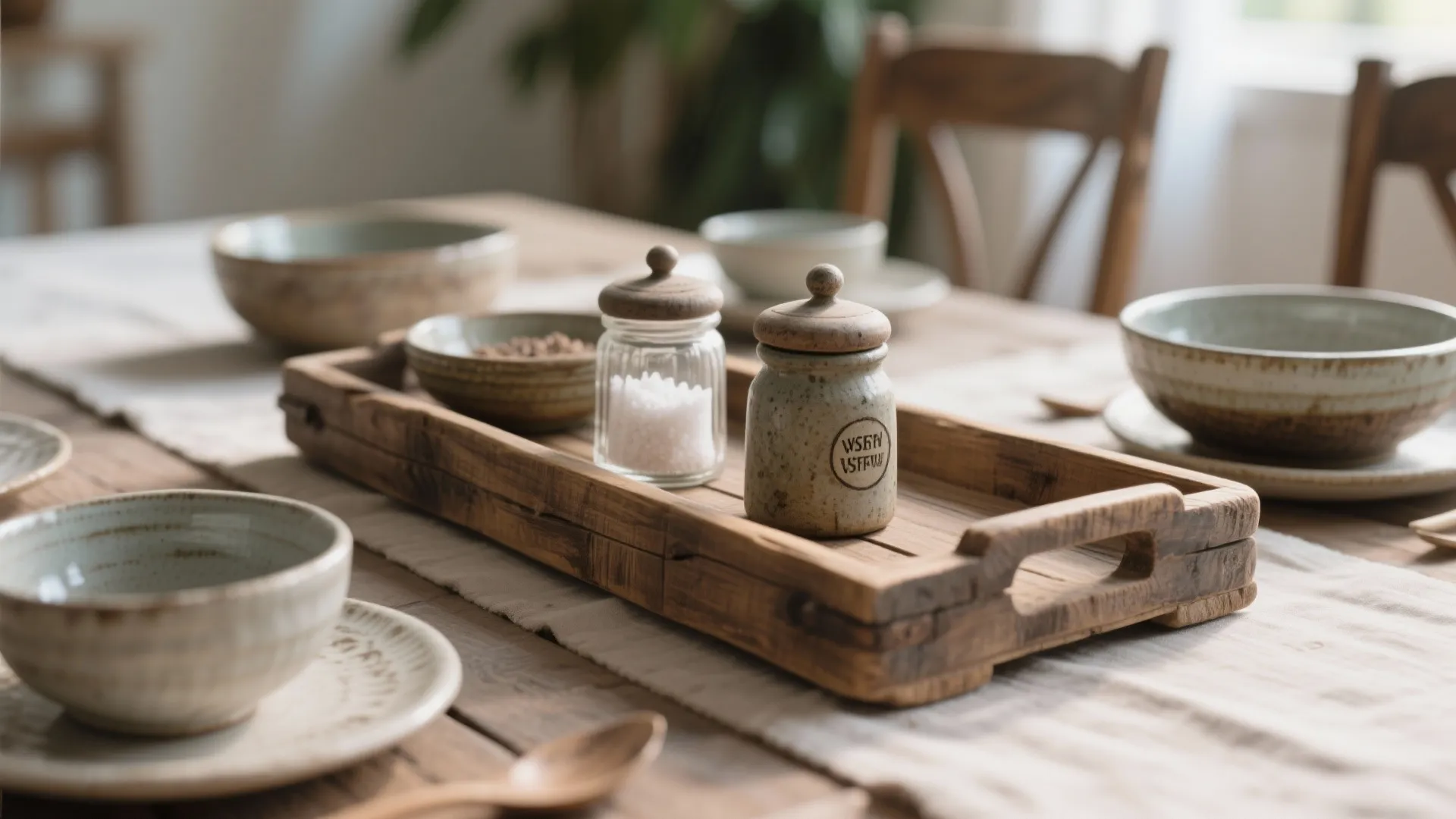 Wooden tray with small jars and bowls placed on a dining table with neutral cloth