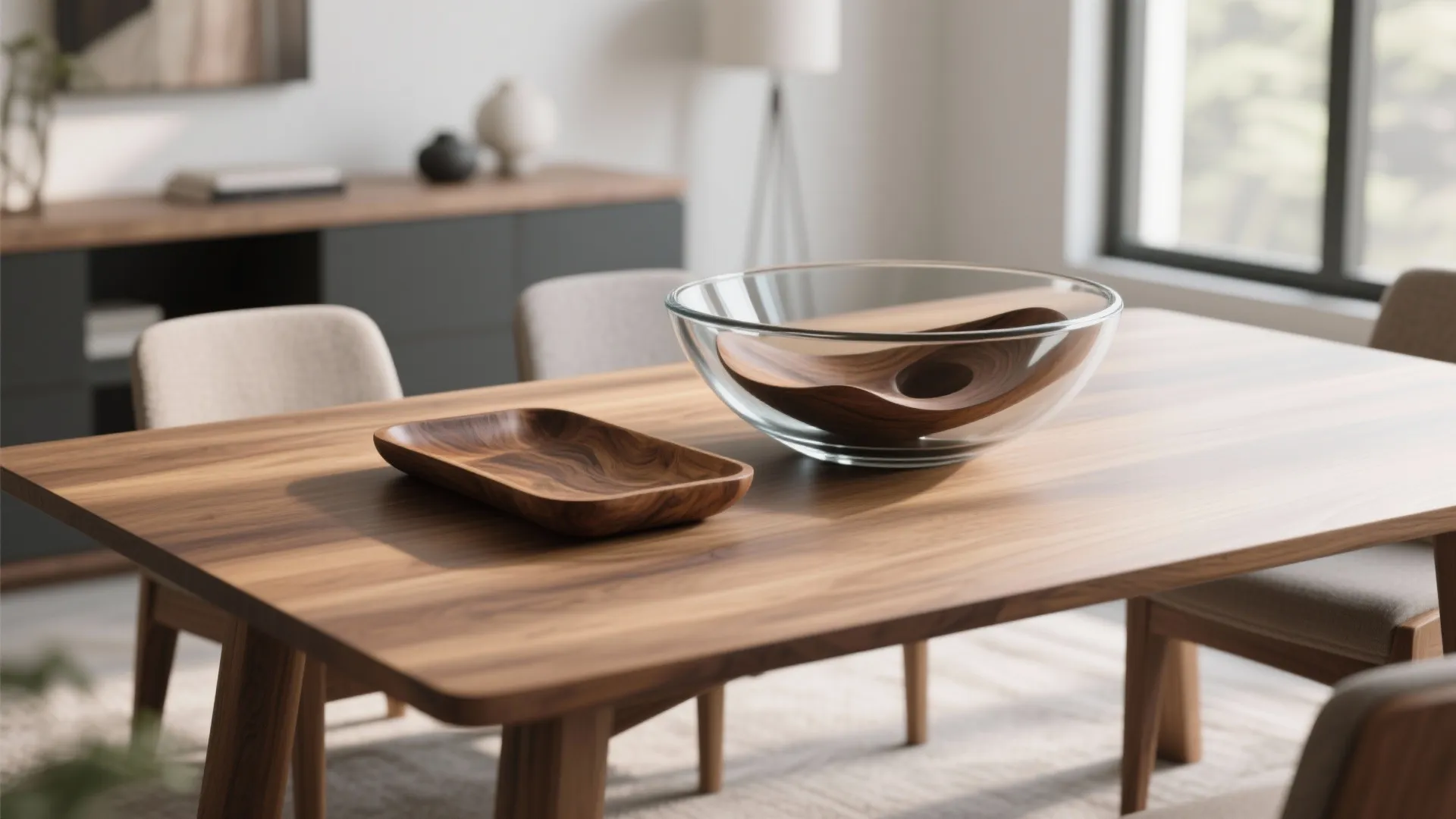 Modern wooden dining table featuring a glass bowl and a wooden plate in bright room