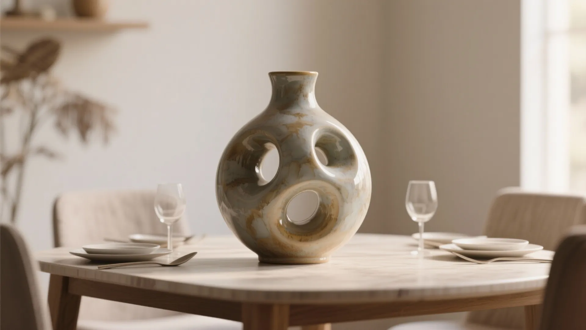 Ceramic sculptural vase as a dining table centerpiece