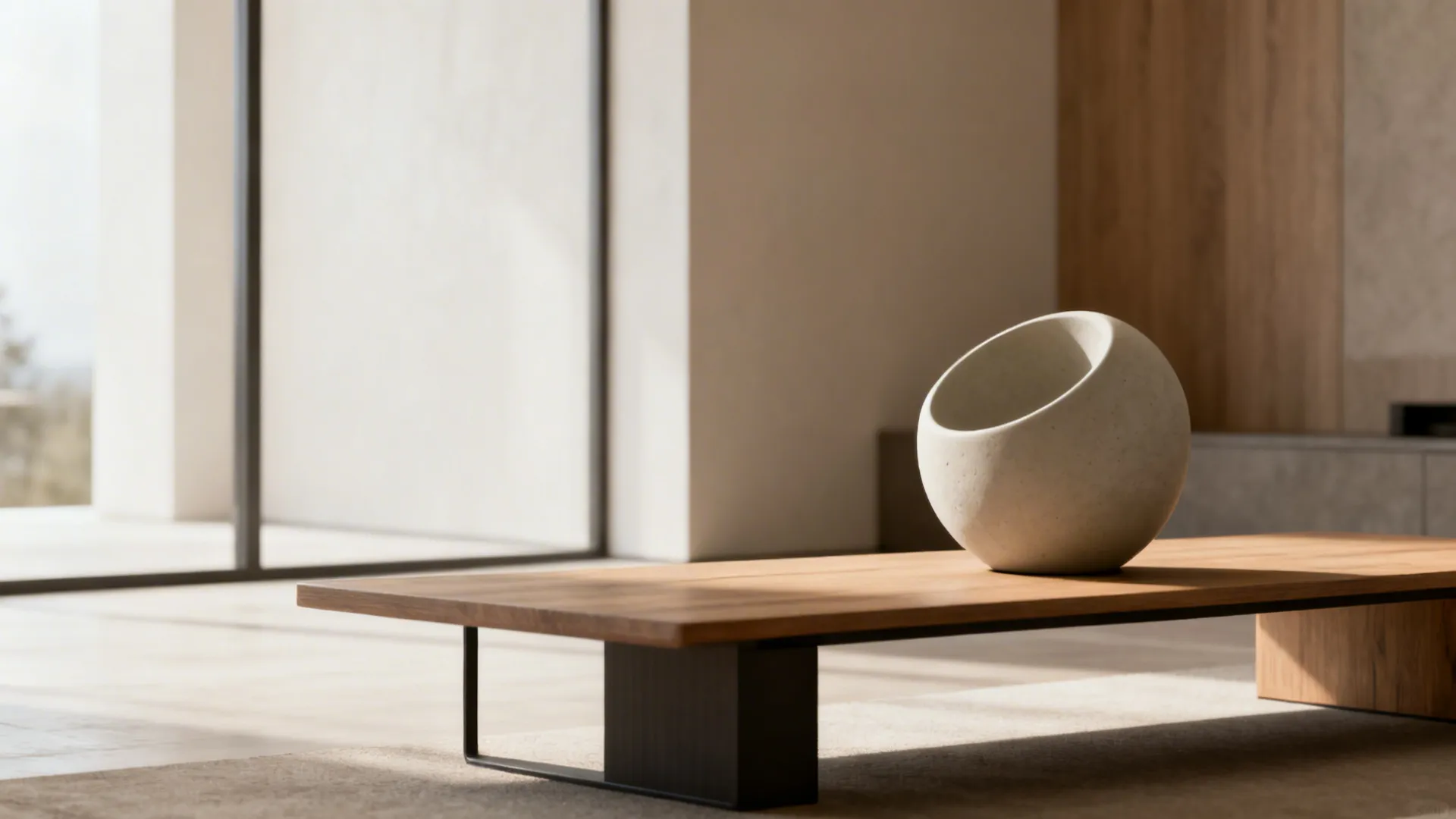 Low sculptural ceramic centerpiece on a minimalist console, emphasizing form and negative space.