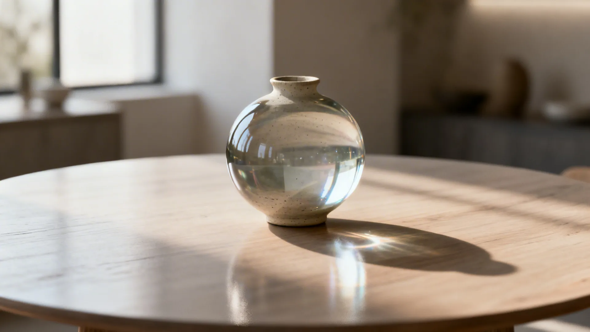 Minimalist round table with a single blown-glass orb as a sculptural centerpiece.