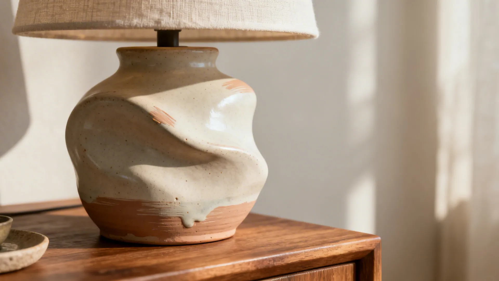 Close-up of a hand-sculpted matte ceramic lamp base showing glaze texture