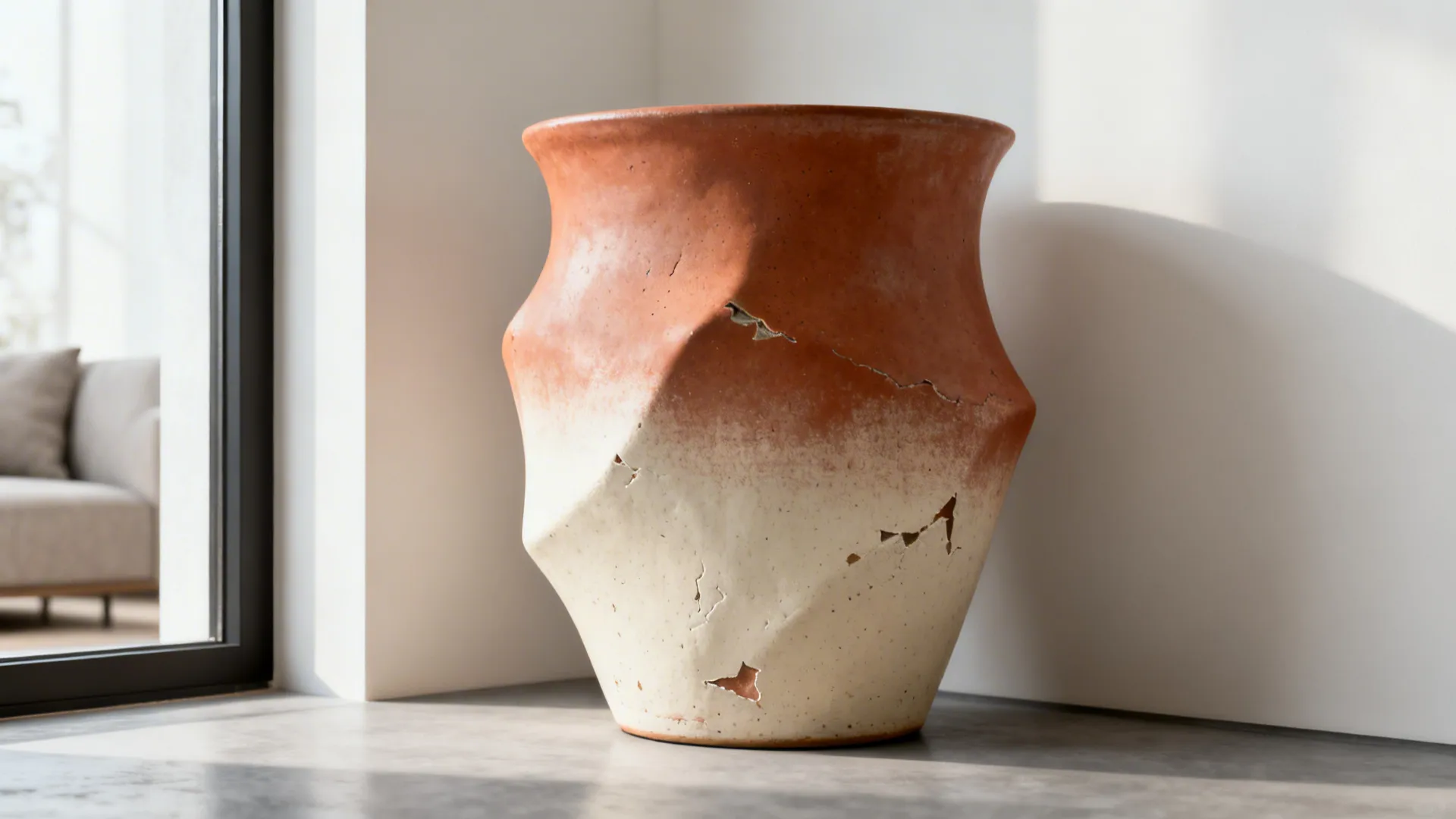 Unique orange and white clay pot with a geometric shape sitting on a grey floor