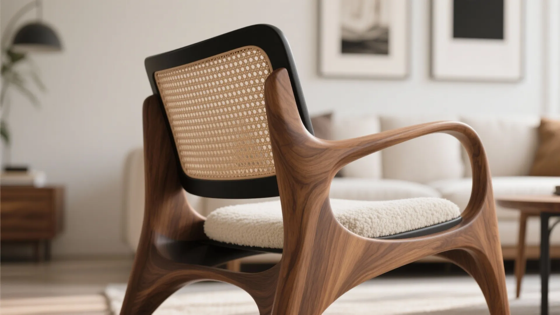 Wooden chair with woven back and white cushion in a modern living room with lighting