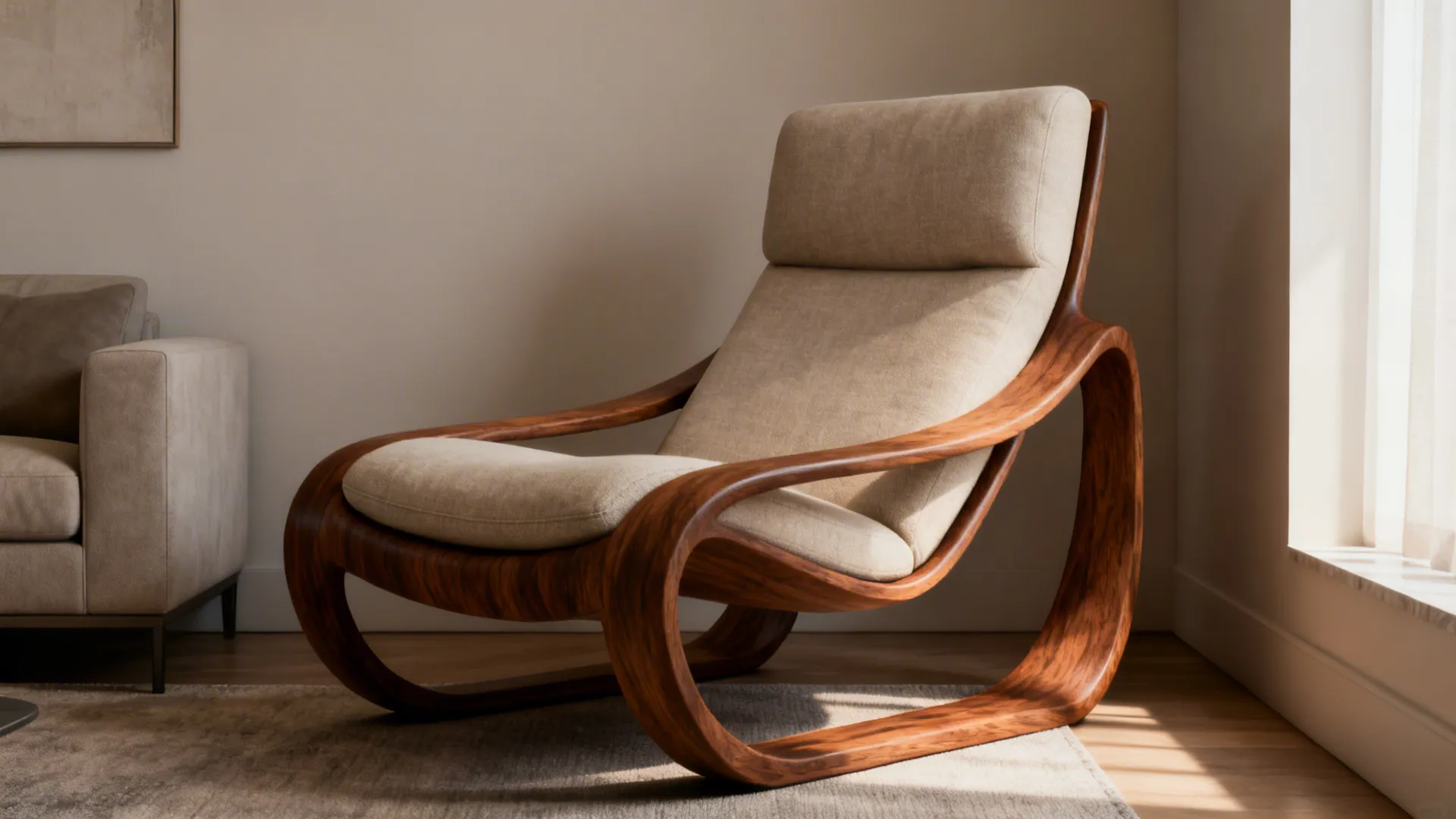 Sculptural walnut-framed lounge chair as focal point in a mid-century small living room