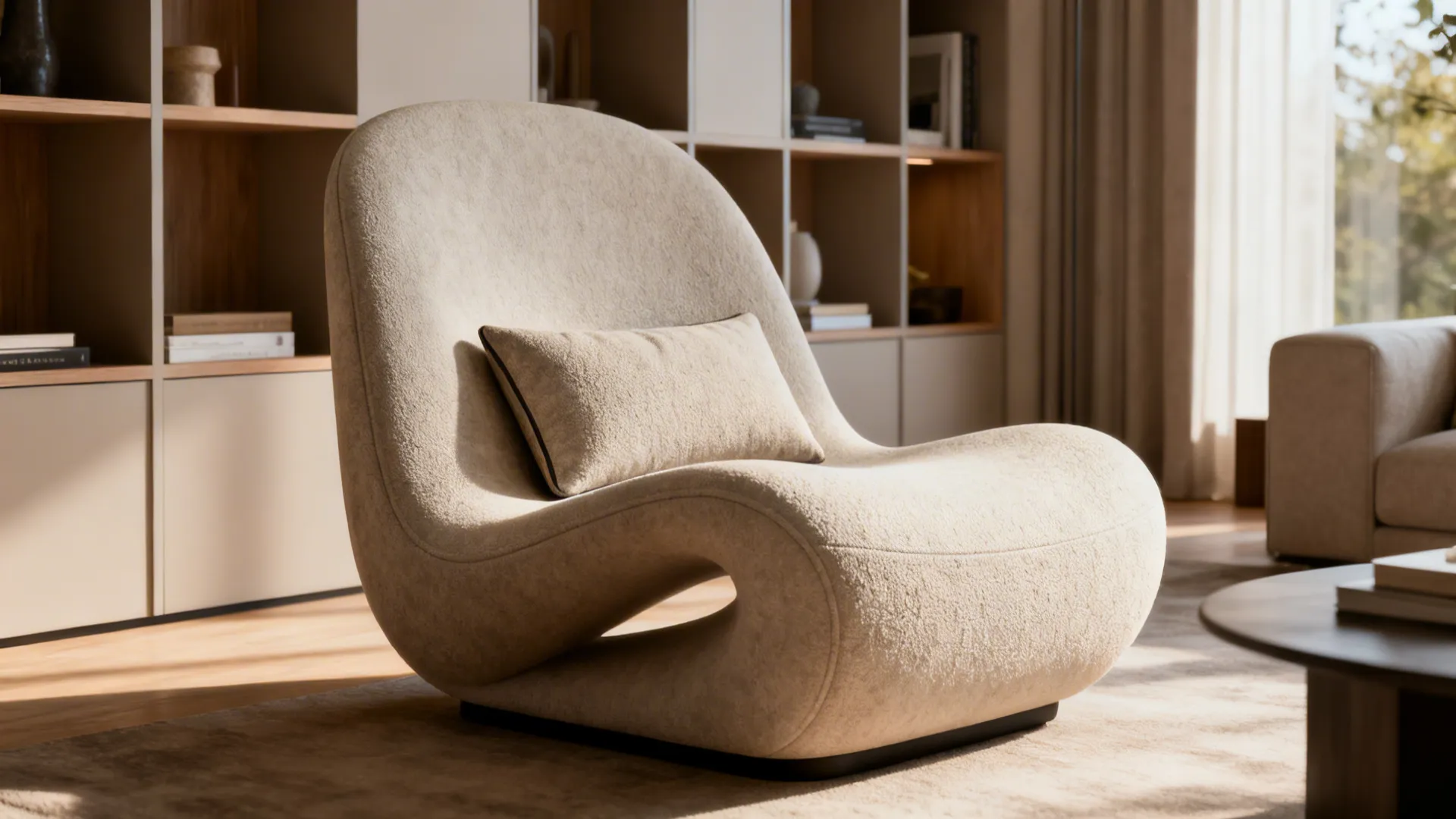 Sculptural accent chair with a slim lumbar pillow as a compact focal point in a modern living room