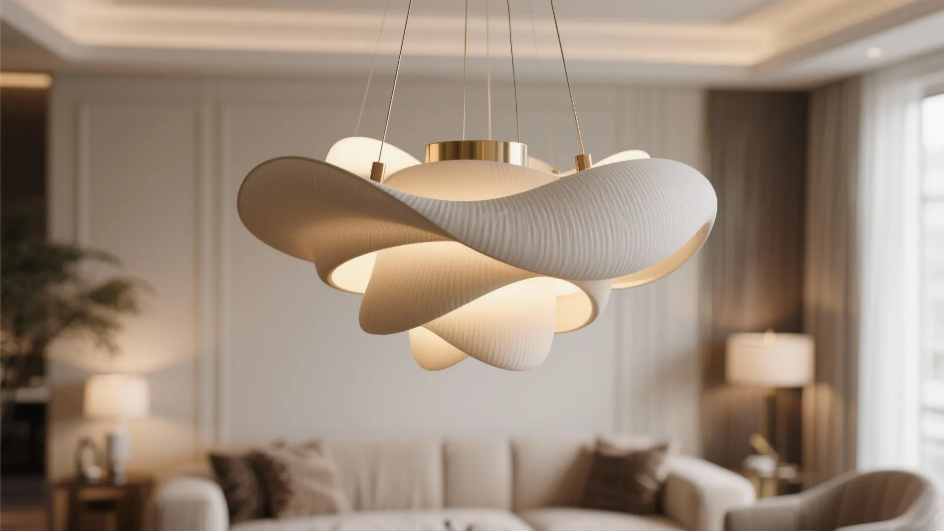 Close-up of a sculptural chandelier in a formal living room