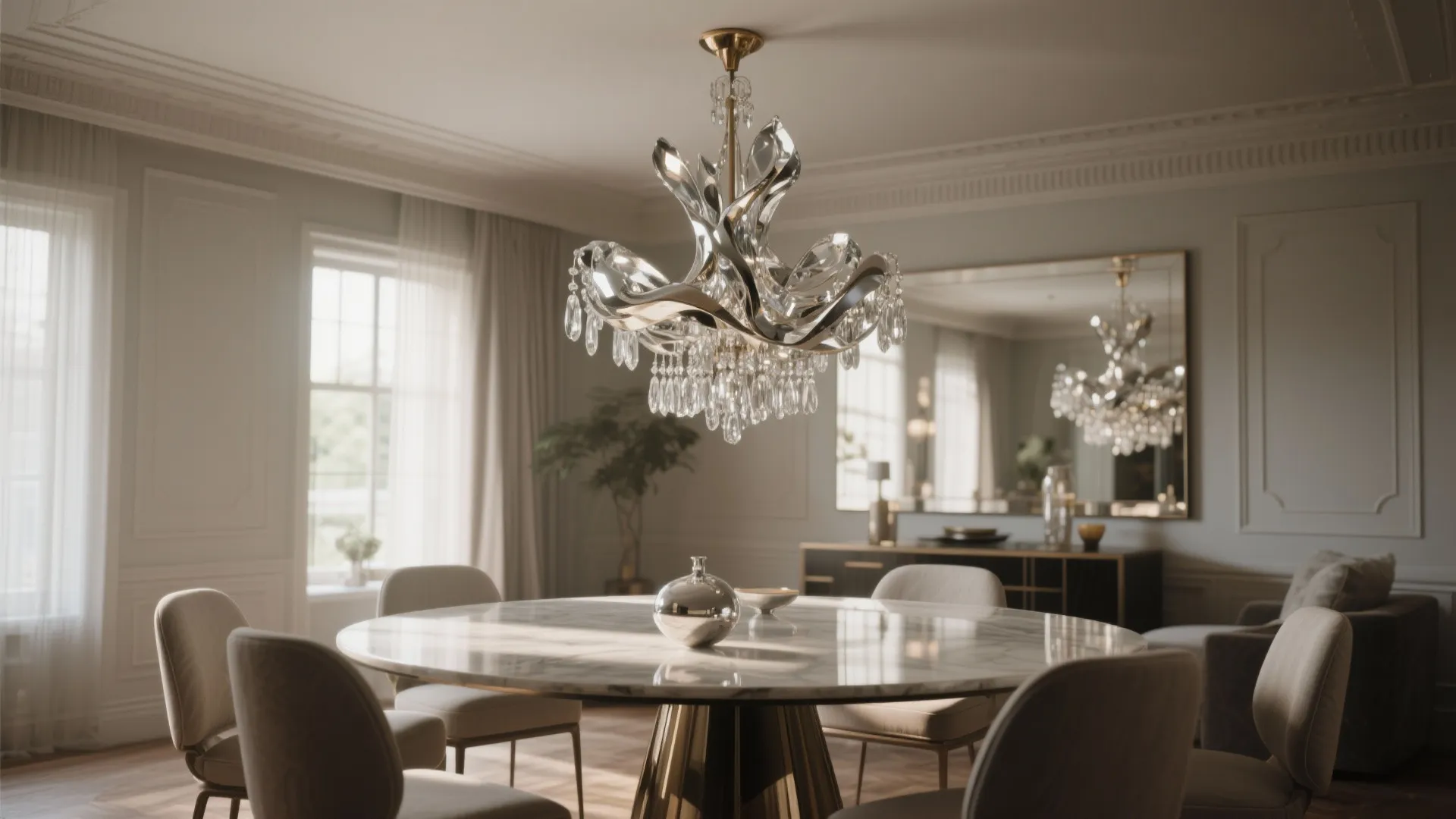Dining room with a sculptural crystal chandelier centered over a round table, creating drama and reflectivity