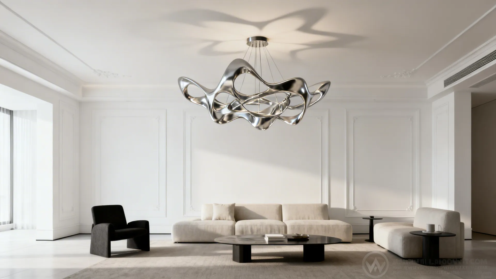 Minimalist living room with a sculptural metal chandelier as the focal point