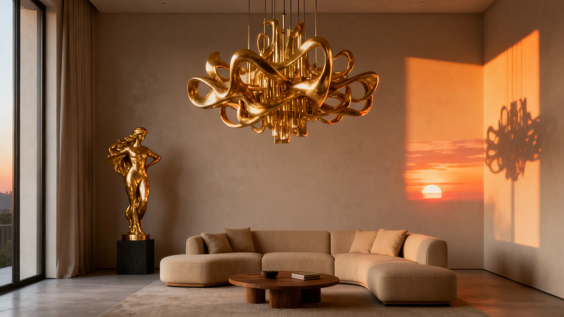 Sculptural gold chandelier over a beige minimalist seating area.
