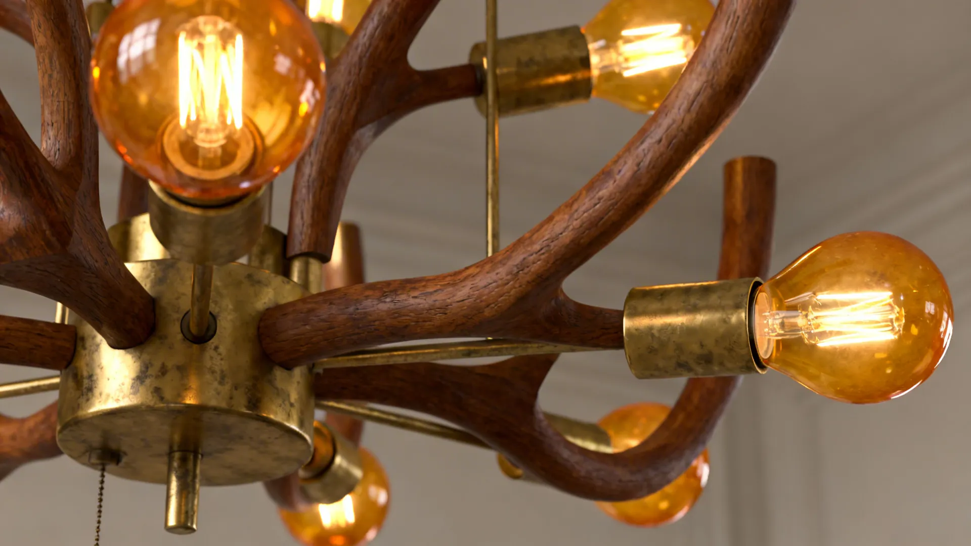 Sculptural chandelier with bent-wood arms and asymmetric brass details